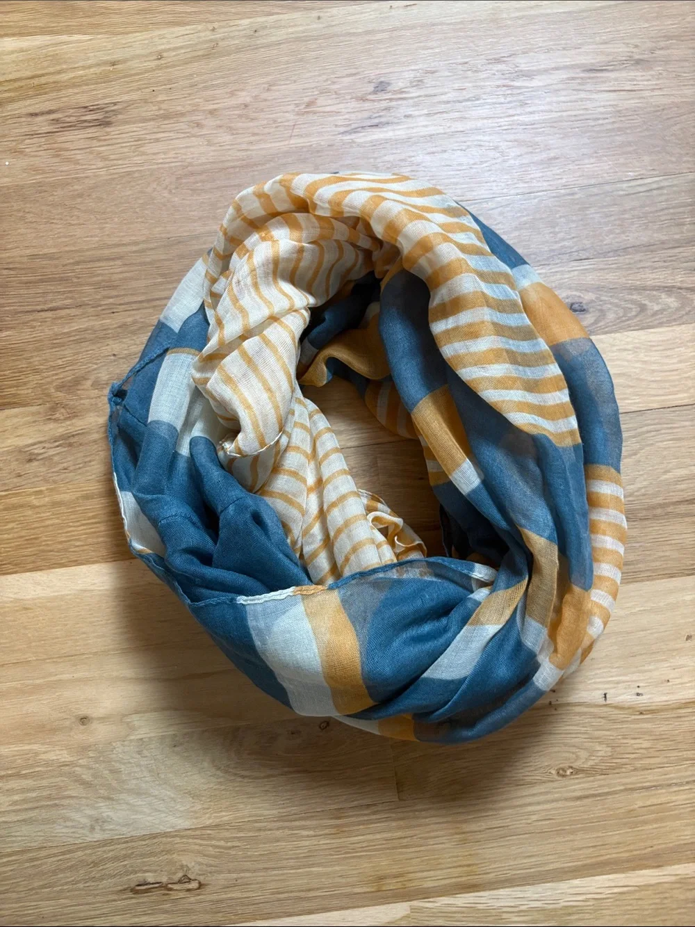 Striped Infinity Scarf in Blue and Mustard - Lightweight Women’s Wrap